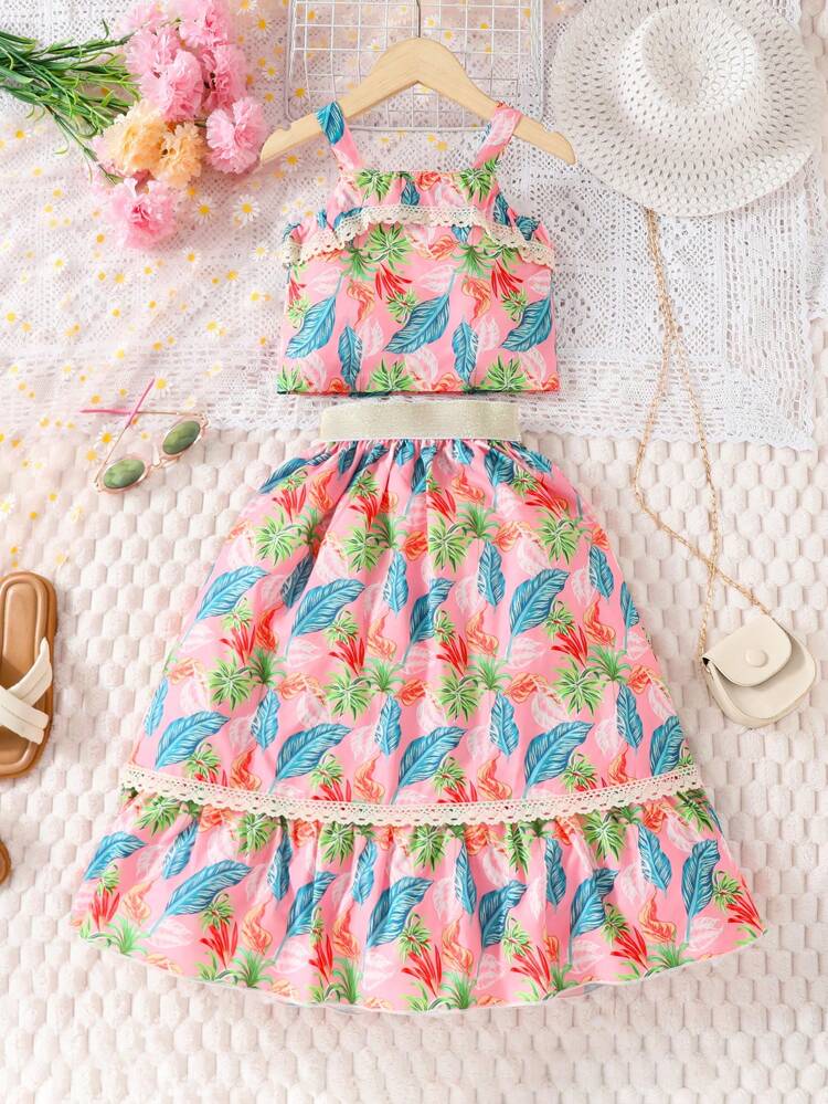 Young Girls Printed Spaghetti Strap Cold Shoulder Dress With Lace Hem 2 Pieces Set