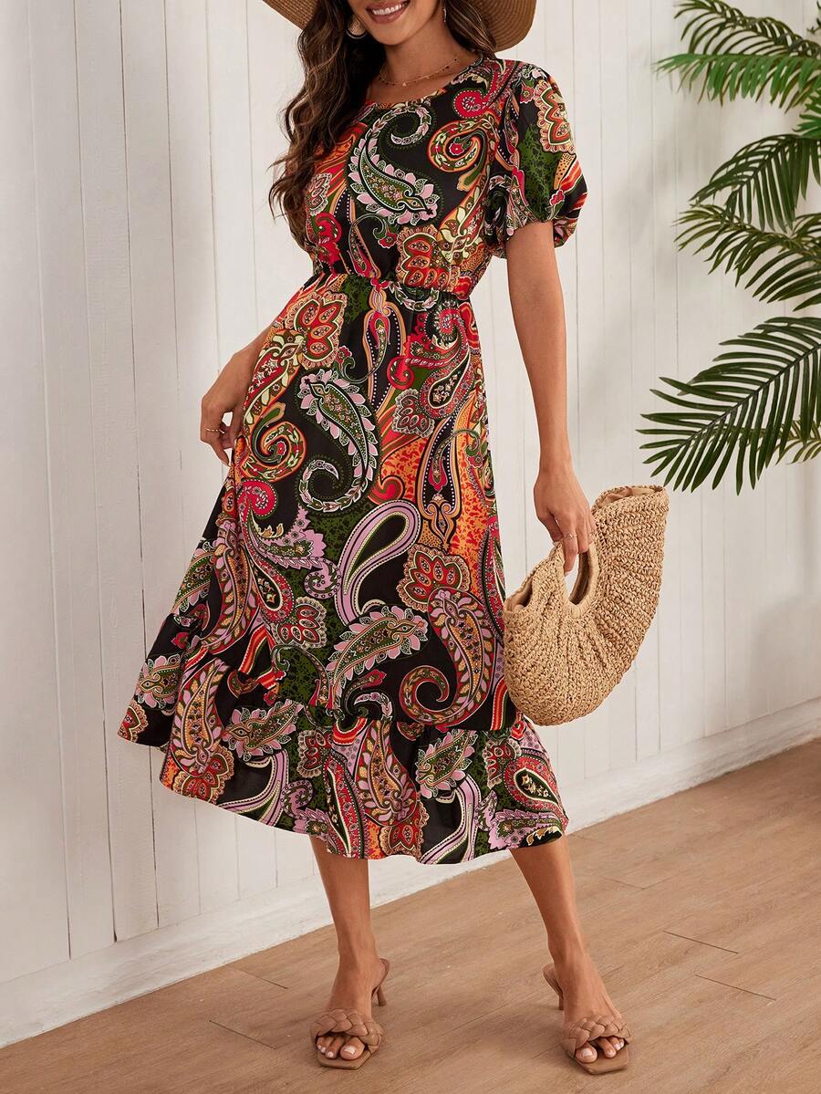 Q8014 Round Neck Printed Long Dress With Flared Sleeves - Multicolor - View 1