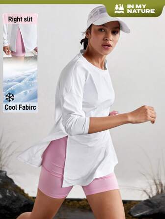 In My Nature Women Solid Color Long Sleeve Side Slit Outdoor T-Shirt Compression Tee,Women Tennis Outfit Plain T Shirt Hiking Women Clothes