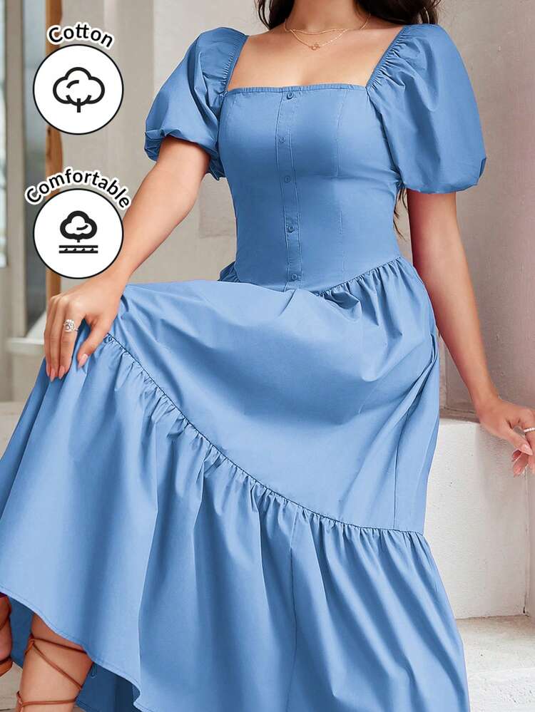 Women's Solid Color Puff Sleeve Dress With Ruffled Hemline, Perfect For Holiday Leisure