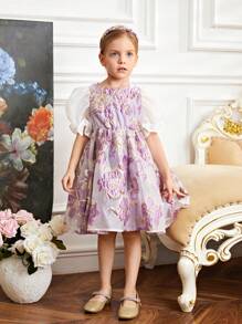 SHEIN Lässiges Rundhals-kleid Für Junge Mädchen Mit Durchsichtigen Ärmeln, Großer Schleifendekoration Und Jacquard-muster - Violett - Übersicht 3
