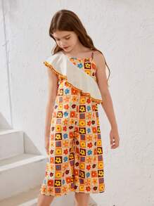 SHEIN Tween Girl Casual Vacation Cute Printed One Shoulder Jumpsuit With Ruffle Trim - Multicolor - View 6