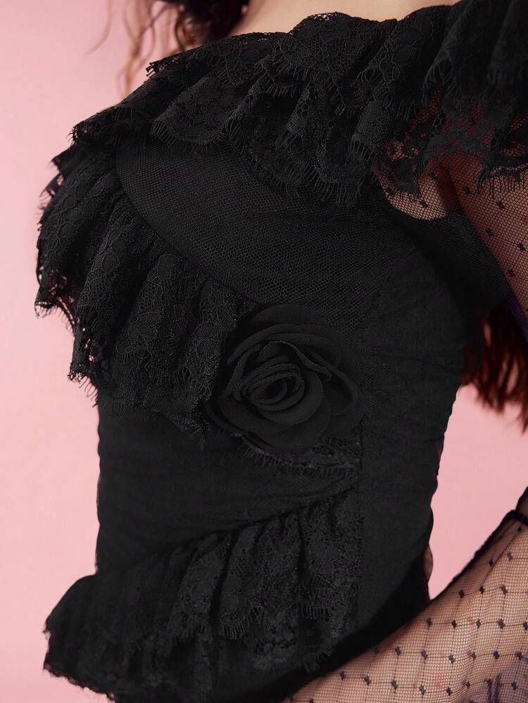 女性用ロマンチックなオフショルダー レースアシンメトリーヘム ボディコンドレス、ラッフルトリムとベルスリーブ、夏用