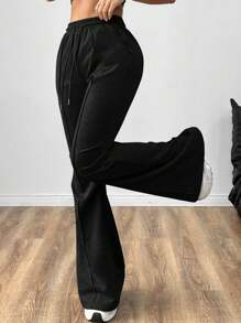 SHEIN EZwear 女士純色束腰休閒喇叭褲，帶口袋 - 黑色 - 查看 4