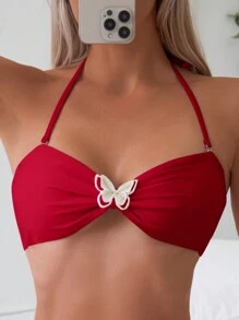 SHEIN Swim Ensemble de bikini sexy pour femmes avec nœud au cou et décoration florale 3D pour les vacances