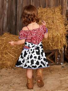 SHEIN 3pcs/Set Toddler Girls' New Fun Spring/Summer Outfit, Including Fun Printed Western Style Cowgirl Denim Shirt, Milk Print T-Shirt And Casual Jeans