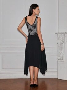 SHEINNeu Damen elegantes ärmelloses Kleid mit Spitzen-Einsätzen und asymmetrischem Saum für den Sommer - Schwarz - Übersicht 2
