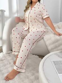 Set pigiama donna taglie forti con top a maniche corte e pantaloni lunghi, stampa a cuore e coulisse - Bianco - Visualizzare 5
