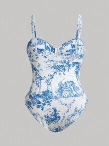 SHEIN MOD Plus Size Women Summer Plant Print Concise Casual Cami Bodysuit - Multicolor - View 2