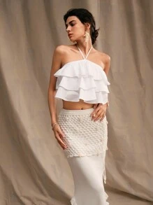 Anewsta Fresh Layered Ruffle Hem White Women Halter Tank Top - White - View 6