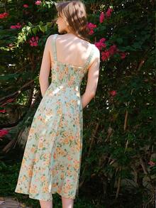 Vestido Largo Estilo Francés Vintage Con Impresión Floral En Línea A Y Tirantes Spaghetti - Verde - Ver 2