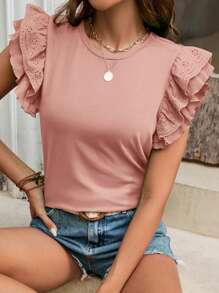 SHEIN Frenchy Camiseta de mujer de manga corta con doble volante, top recortado, fabricado con materiales cómodos, con mangas con bordes de onda bordados de color contrastante, apto para vacaciones y uso diario