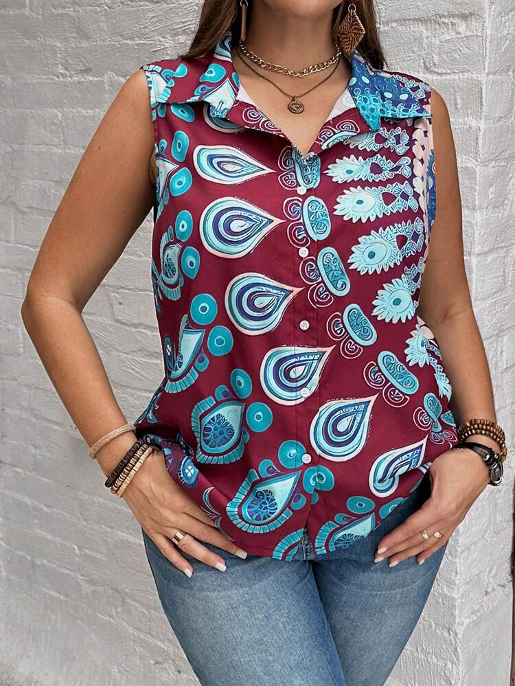 Plus Size Vintage Printed Sleeveless Open-Front Shirt For Summer