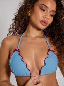 Musera Resort Women Summer Beach Lettuce Trim Bow Decor Halter Bikini Top Beach Resort Holiday - Baby Blue - View 1