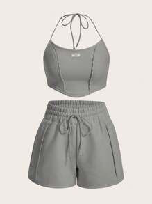 SHEIN EZwear Ladies' 2pcs/Set Alphabet Printed Knitted Tank Top With Micro Elasticity Decoration And Drawstring Waist Shorts For Summer