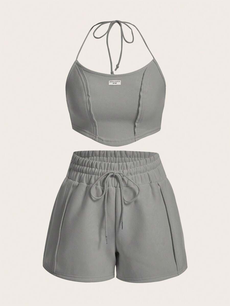 SHEIN EZwear Ladies' 2pcs/Set Alphabet Printed Knitted Tank Top With Micro Elasticity Decoration And Drawstring Waist Shorts For Summer