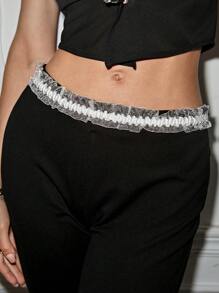 SHEINNeu Pantalón acampanado elegante de cintura baja con inserción de malla de color contrastante para mujeres delgadas - Negro - Ver 8
