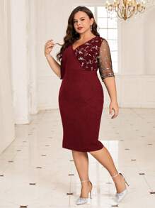 SHEIN Clasi Plus Size Elegant Party Slim Fit Sequin Dress, Fall Women Teacher Outfit - Burgundy - View 3