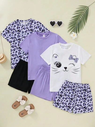 Sparklyn Conjunto de camiseta de manga corta casual de cuello redondo y pantalones cortos para niña preadolescente para verano