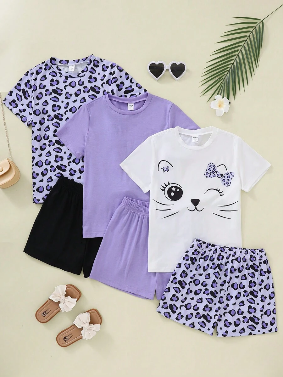 Sparklyn Set áo thun ngắn tay cổ tròn và quần short thường ngày cho mùa hè của Tween Girl - Nhiều màu - Xem 1