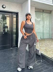 Flirla Plus Size Women Letter Printed Tank Top And Utility Pants Two-Piece Set For Summer Leisure - Grey - View 1