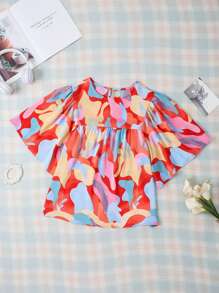 Blusa holgada de cuello redondo con estampado abstracto para mujer - Multicolor - Ver 6