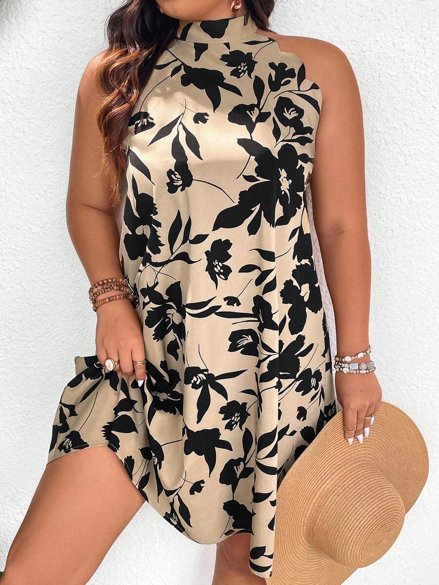 SHEIN Frenchy Váy đi nghỉ chữ A in họa tiết lá viền vỏ sò Boho cỡ lớn, dành cho mùa hè - Nhiều màu - Xem 1