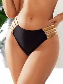 SHEIN Swim Women's Summer Holiday Beach Gold Chain Bikini Bottoms,Summer Beach - Black - View 1