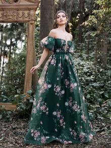 Faeriesty Off Shoulder Puff Sleeves Floral Tulle Prom Dress Woman Formal Ball Gown - Dark Green - View 5