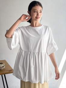 FRIFUL Women's Fashionable Loose-Fit Solid Color A-Line Short Sleeve T-Shirt For Daily Wear,Ruffle - White - View 3