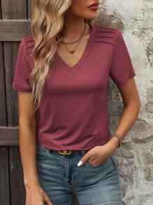 SHEIN LUNE Women Solid Color V-Neck Short Sleeve Casual T-Shirt, Summer
