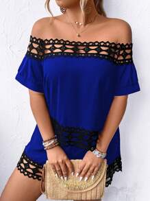 SHEIN Clasi Plus Size Off-Shoulder Casual Short Sleeve Top And Shorts Set For Spring/Summer - Royal Blue - View 6