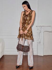 SHEINNeu 女士夏季花卉印花腰帶無袖迷你裙，帶有荷葉邊緣 - 彩色 - 查看 7