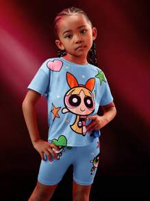 THE POWERPUFF GIRLS X SHEIN 夏季少女卡通圖形拼接下擺寬大T恤和摩托車短褲套裝 - 藍色 - 查看 5