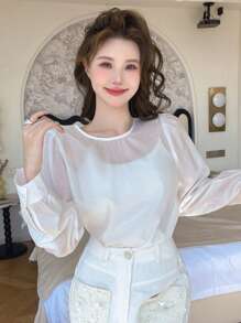 DAZY 纯色圆领宽松显瘦长袖女士衬衫 - 白色 - 查看 5