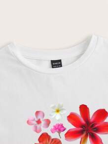 SHEIN EZwear Áo thun nữ cổ tròn tay ngắn in họa tiết hoa nhiều màu sắc, giản dị, màu trắng, áo chui đầu, chất liệu cotton pha trộn, thích hợp cho mùa hè - trắng - Xem 4