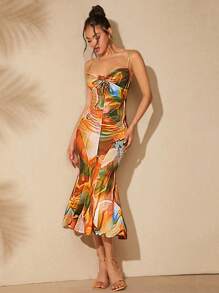 SHEIN Unity Abito canotta donna estivo con stampa completa, nodo intrecciato e orlo asimmetrico plissettato