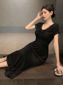 DAZY Women's Elegant Solid Color Twisted Back Fish Tail Dress For Summer Prom Dress Sundress,Formal Women Dresses - Black - View 2