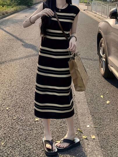女士条纹印花简约日常无袖连衣裙休闲黑色夏季