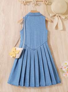 SHEIN Tween 女童夏季波西米亚风海滩水洗褶皱牛仔连衣裙，前扣式，女童夏季连衣裙套装 - 中等水洗藍 - 查看 2