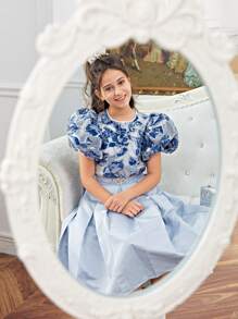 SHEIN 2pcs Tween Girl Sibling Outfits: Jacquard Round Neck Puff Sleeve Shirt And Color-Block Mini Skirt Set