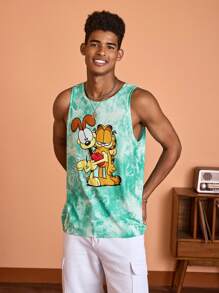 GARFIELD | SHEIN 男士經典卡通和水染印花假日休閒背心，適用於夏季 - 綠色 - 查看 3