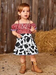 SHEIN 3pcs/Set Toddler Girls' New Fun Spring/Summer Outfit, Including Fun Printed Western Style Cowgirl Denim Shirt, Milk Print T-Shirt And Casual Jeans