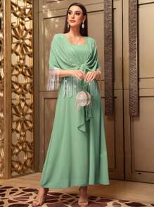 Al Najma Elegant Rhinestone Tassel Decorated Batwing Sleeve Long Dress With Straps, Summer