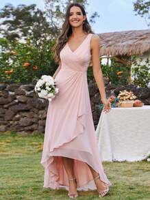 EVERPRETTY Vestido de Dama de Honra de Chiffon com Acabamento Assimétrico Plissado e sem Mangas - Rosa Bebê - Visão 1