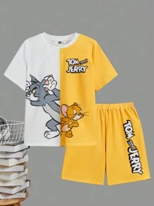 TOM & JERRY X SHEIN Maglietta casual a maniche corte e pantaloncini a due toni con stampa di cartoni per ragazzino, estate