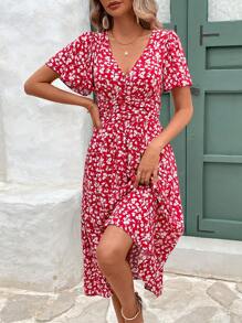 SHEIN Frenchy V-Neck Floral Print Short Sleeve Ruffle Hem Dress Beach Holiday Dress Floral Dress Summer Dress Christmas New Year Red Vacation Flower Resort - Red - View 2