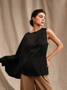 Anewsta Women's Round Neck Solid Color One-Shoulder Casual Daily Wear Shirt - Black - View 5