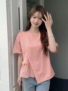 DAZY 女士纯色荷叶边雪纺拼接不对称下摆 T 恤，夏季 - 粉色 - 查看 6