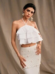 Anewsta Fresh Layered Ruffle Hem White Women Halter Tank Top - White - View 4